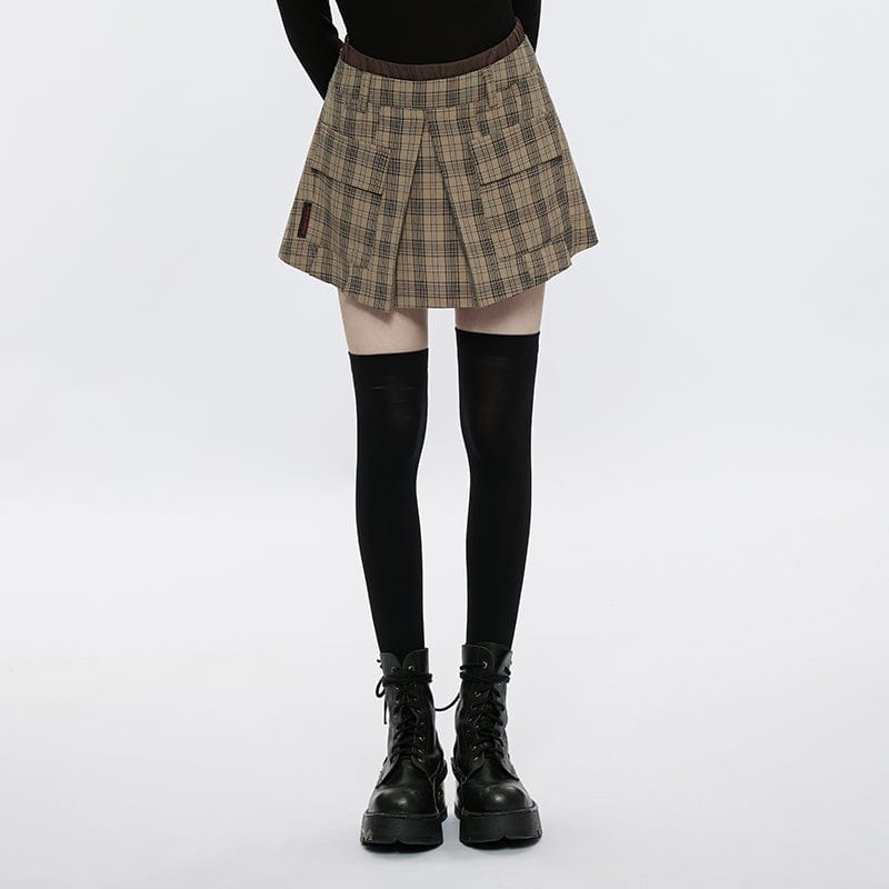 PUNK RAVE Women's Grunge Big-pocket Plaid Pleated Skirt