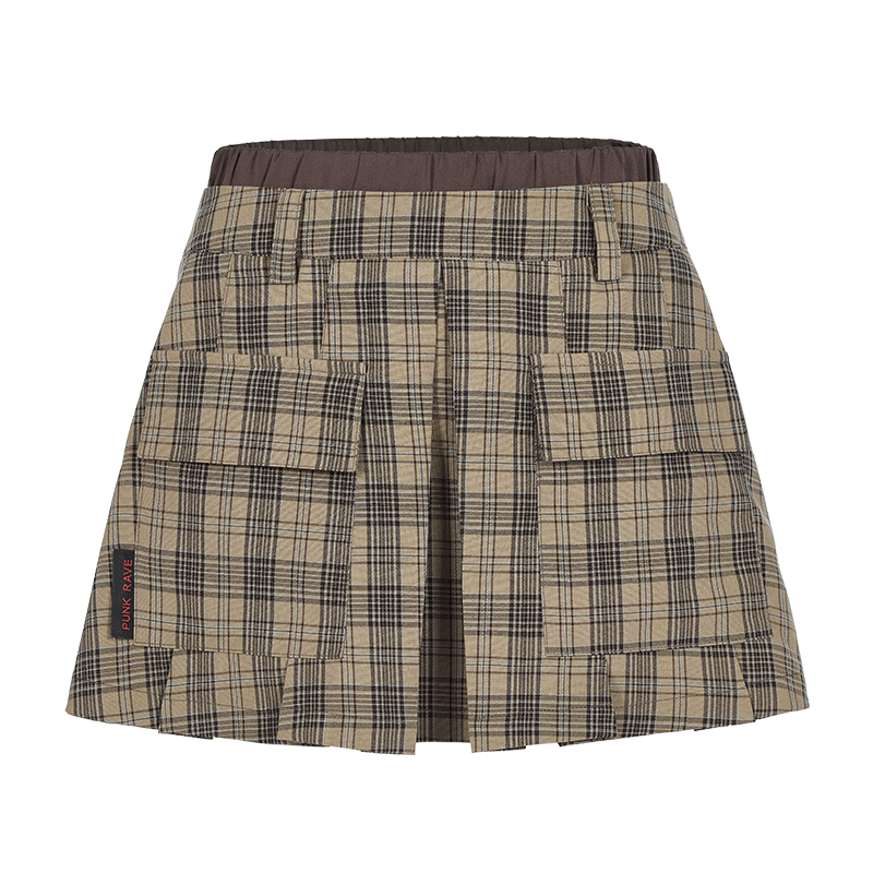 PUNK RAVE Women's Grunge Big-pocket Plaid Pleated Skirt