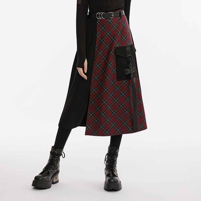 PUNK RAVE Women's Grunge Big-pocket Plaid Splice Skirt