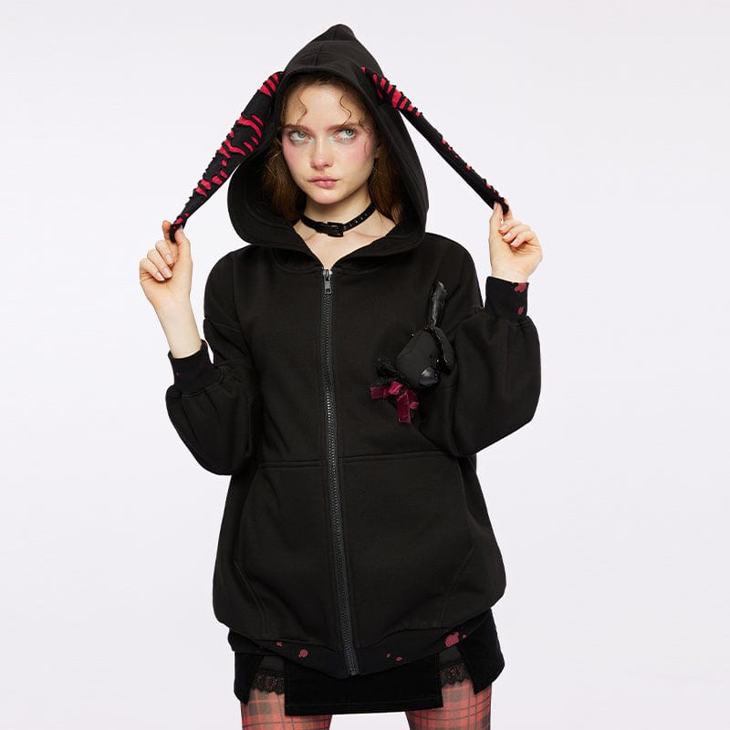 PUNK RAVE Women's Grunge Bloodstain Printed Coat with Rabbit Ears Hood