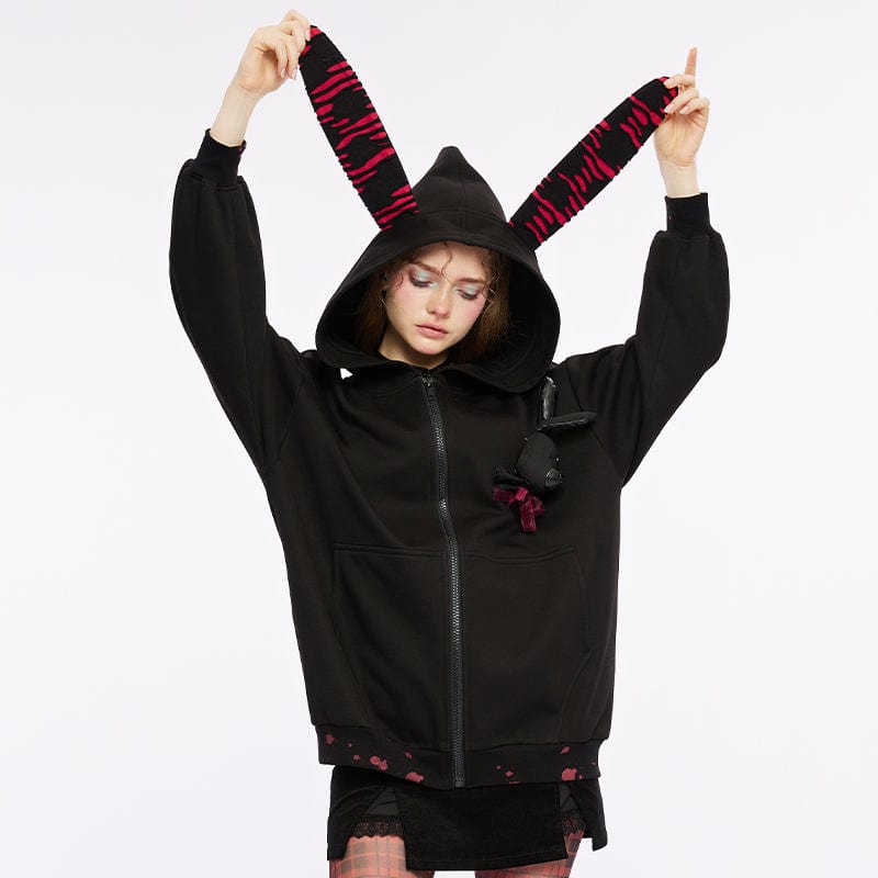 PUNK RAVE Women's Grunge Bloodstain Printed Coat with Rabbit Ears Hood