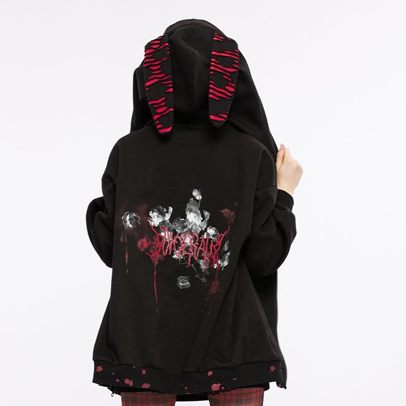 PUNK RAVE Women's Grunge Bloodstain Printed Coat with Rabbit Ears Hood