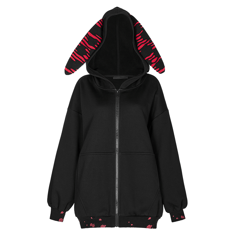 PUNK RAVE Women's Grunge Bloodstain Printed Coat with Rabbit Ears Hood