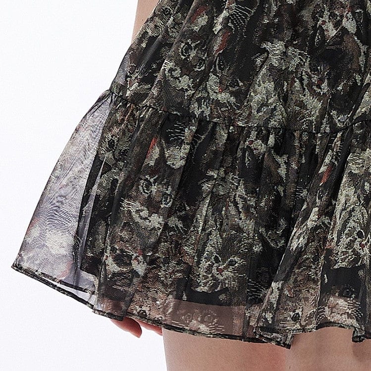 Punk Rave Women's Grunge Cat Printed Chiffon Short Skirt