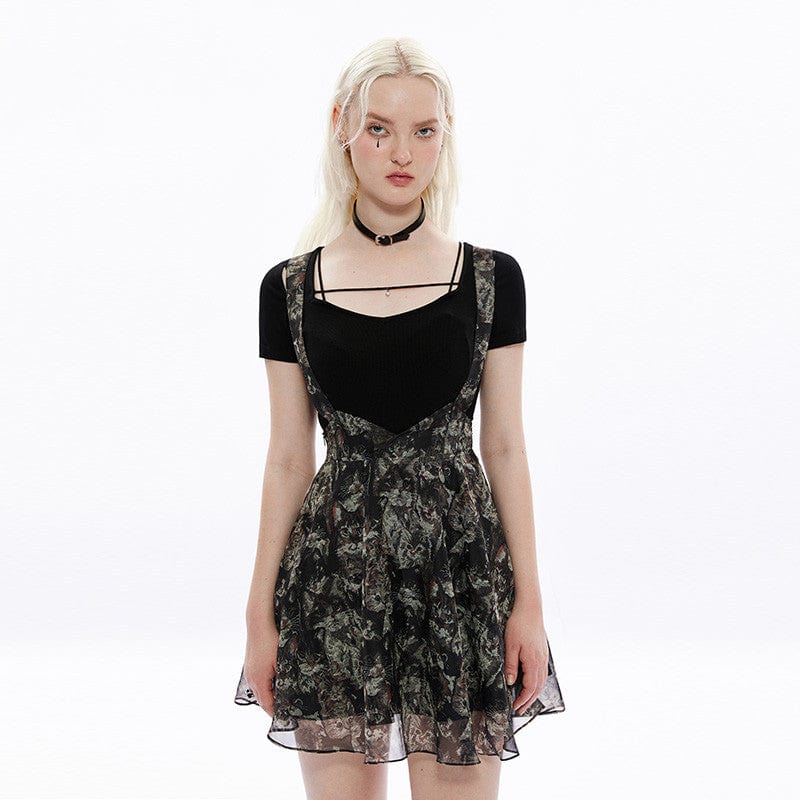 Punk Rave Women's Grunge Cat Printed Chiffon Suspender Skirt Slip Dress