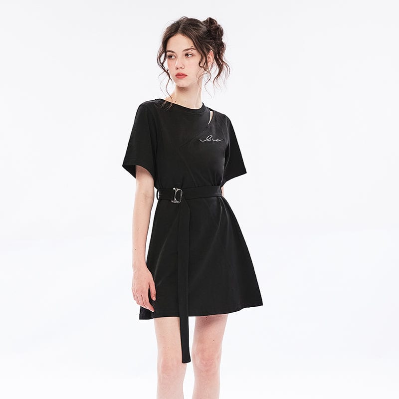 Punk Rave Women's Grunge Cutout Casual T-shirt Dress with Belt