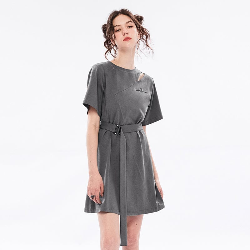 Punk Rave Women's Grunge Cutout Casual T-shirt Dress with Belt