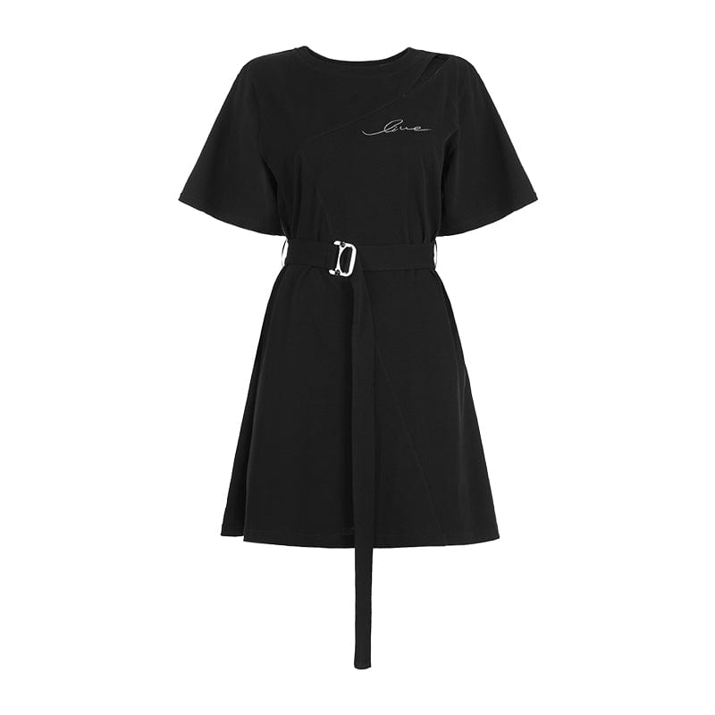 Punk Rave Women's Grunge Cutout Casual T-shirt Dress with Belt