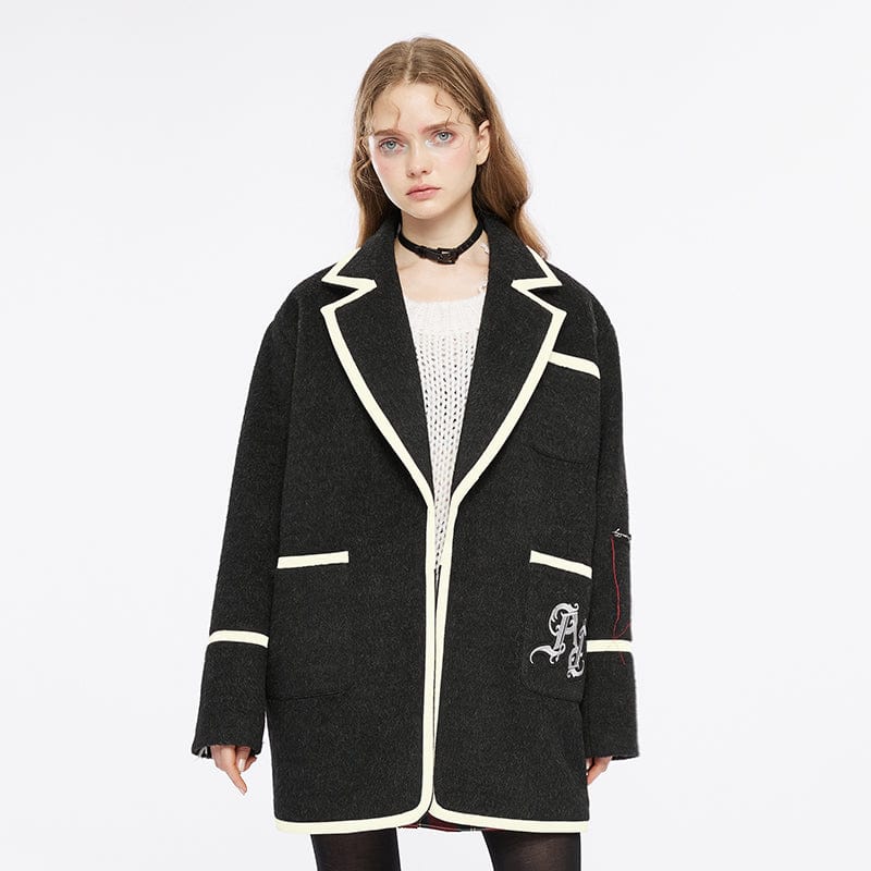 PUNK RAVE Women's Grunge Double Color Letter Embroidered Coat