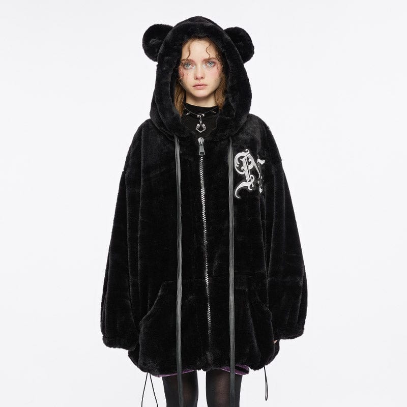 PUNK RAVE Women's Grunge Double Color Letter Embroidered Coat