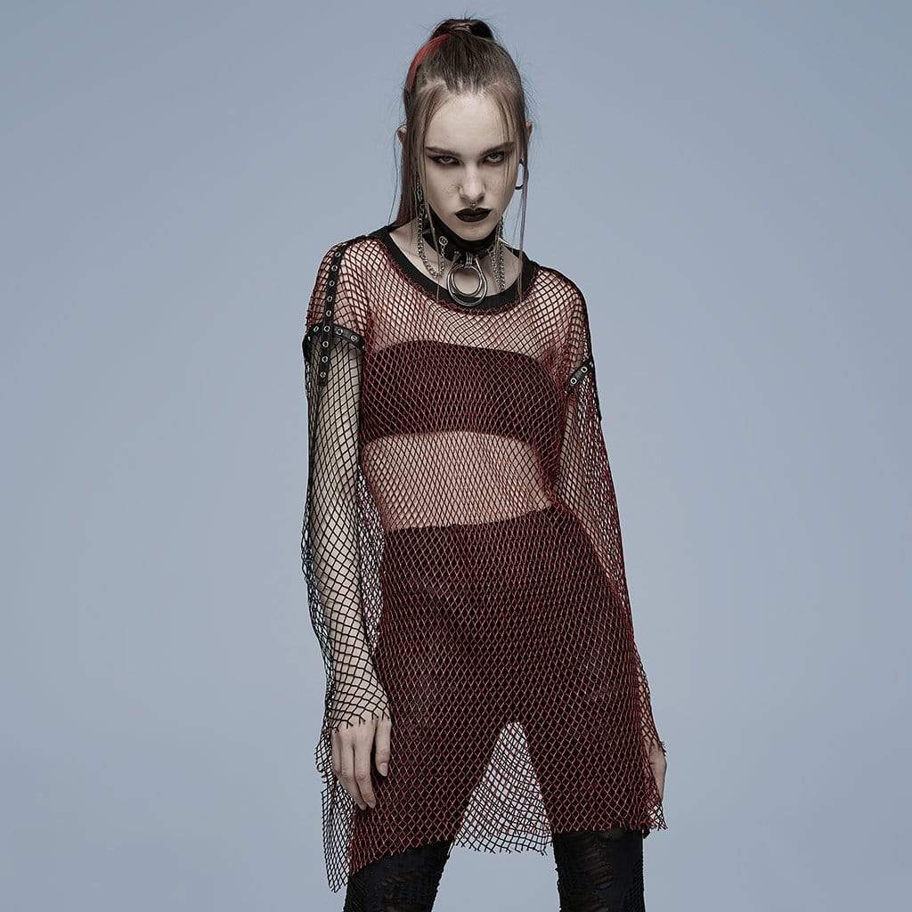 Punk Rave Women's Grunge Double Color Splice Mesh Top