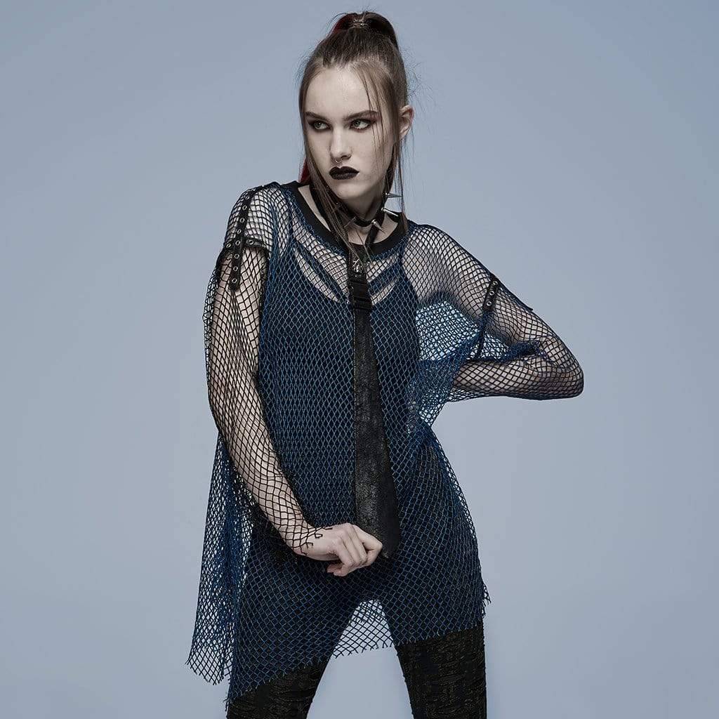 Punk Rave Women's Grunge Double Color Splice Mesh Top