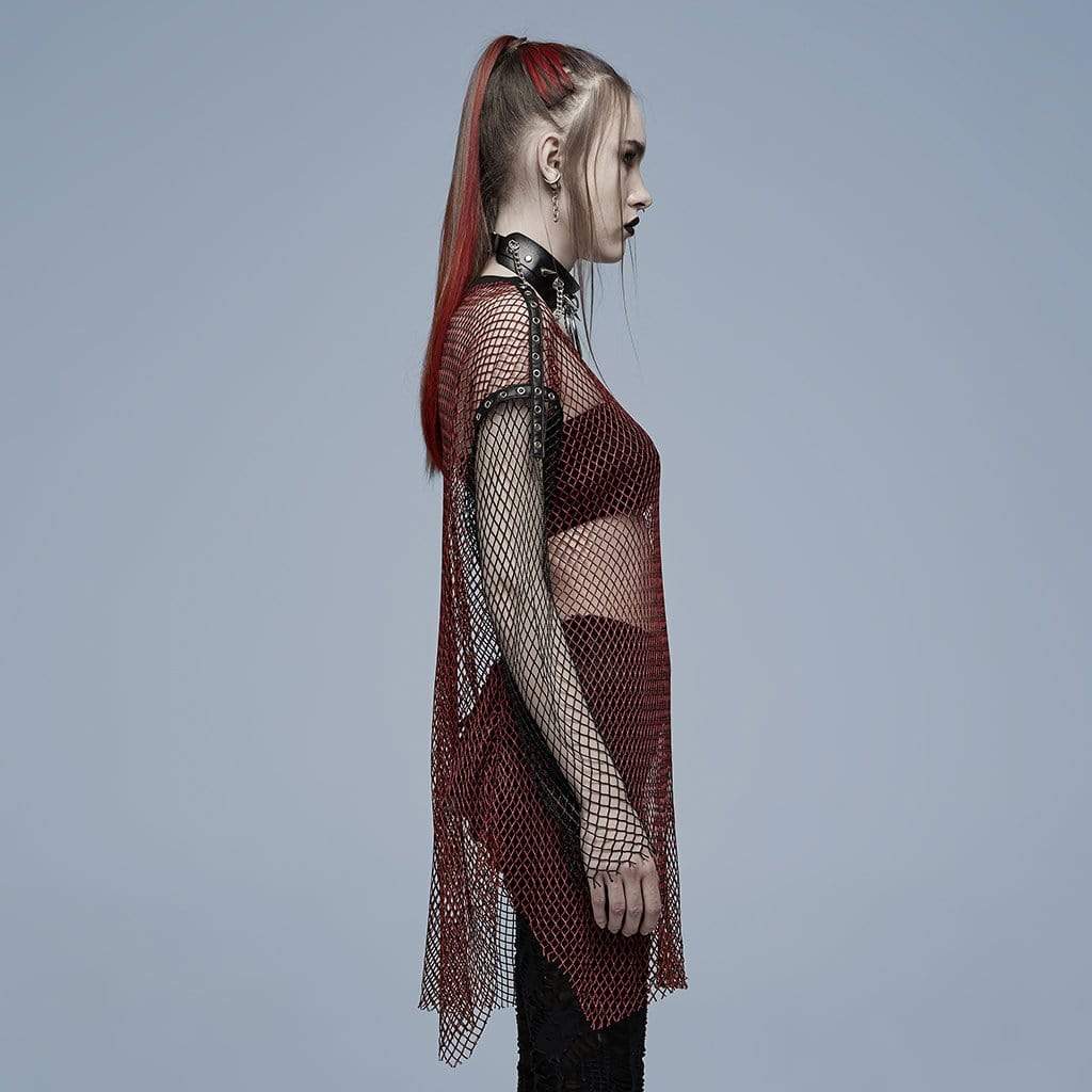 Punk Rave Women's Grunge Double Color Splice Mesh Top