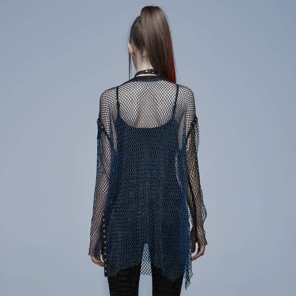 Punk Rave Women's Grunge Double Color Splice Mesh Top