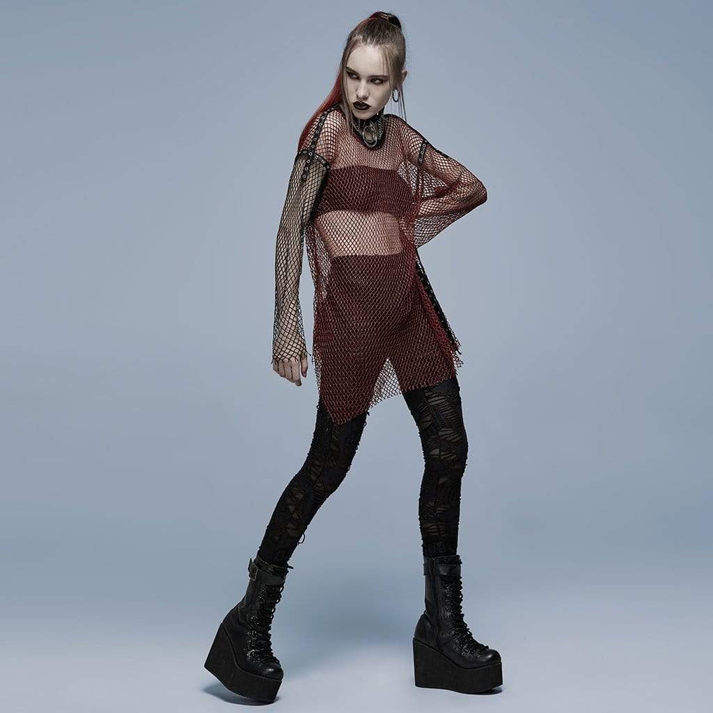 Punk Rave Women's Grunge Double Color Splice Mesh Top