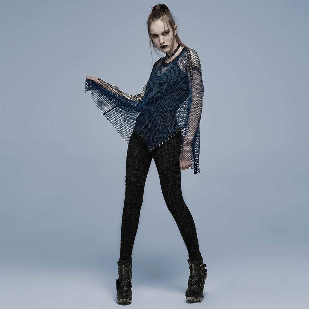 Punk Rave Women's Grunge Double Color Splice Mesh Top