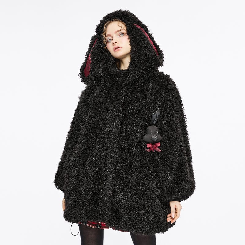 PUNK RAVE Women's Grunge Drawstring Woolen Coat with Rabbit Hood