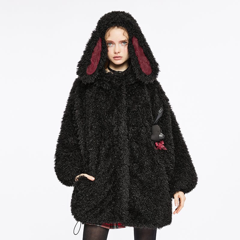 PUNK RAVE Women's Grunge Drawstring Woolen Coat with Rabbit Hood