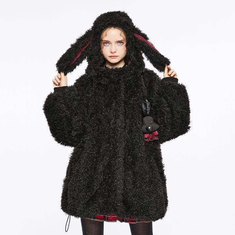 PUNK RAVE Women's Grunge Drawstring Woolen Coat with Rabbit Hood