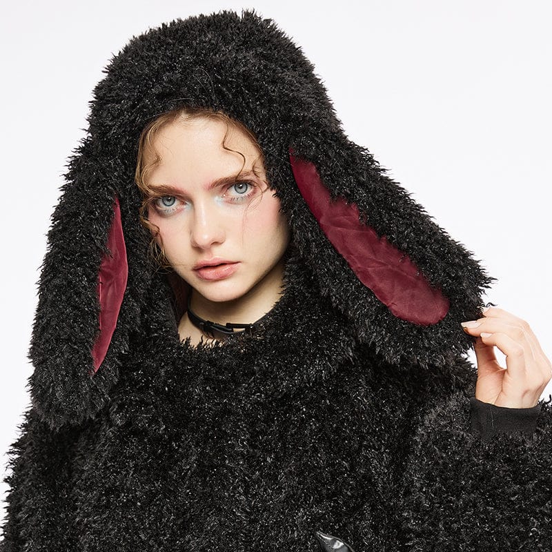 PUNK RAVE Women's Grunge Drawstring Woolen Coat with Rabbit Hood