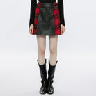 PUNK RAVE Women's Grunge Faux Leather Splice Plaid Skirt