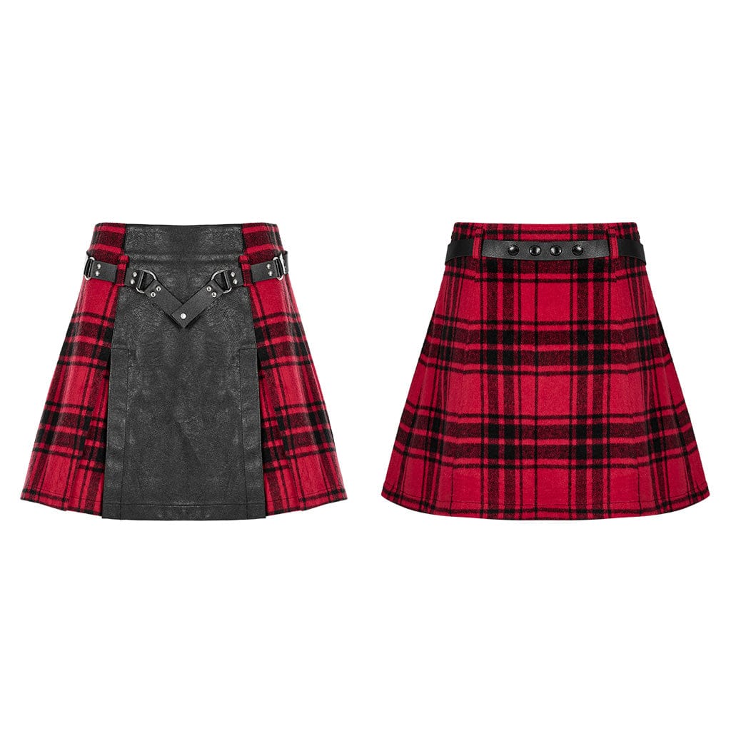 PUNK RAVE Women's Grunge Faux Leather Splice Plaid Skirt
