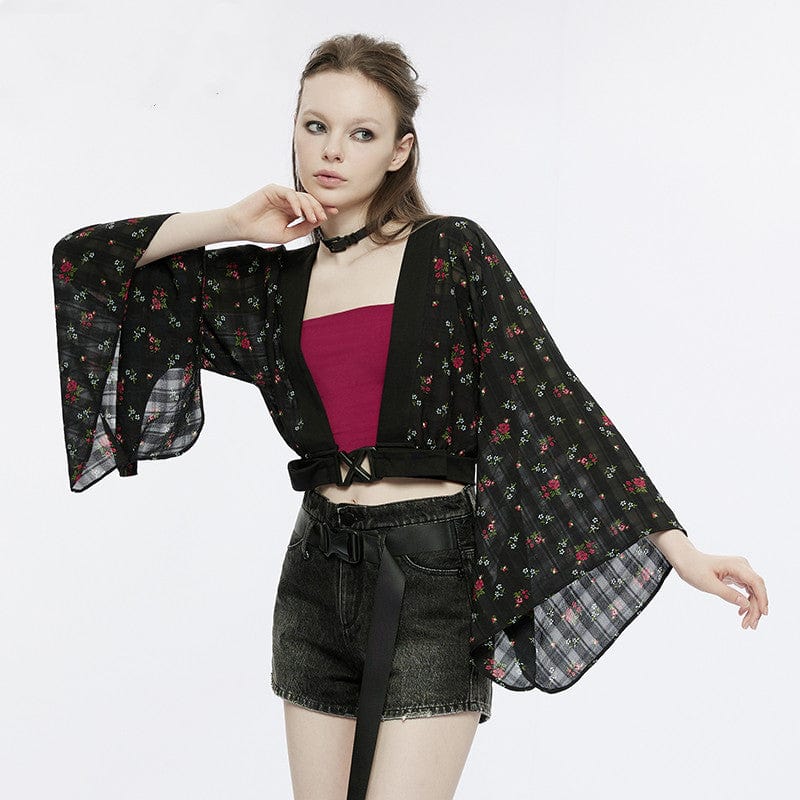 PUNK RAVE Women's Grunge Floral Chiffon Kimono Coat