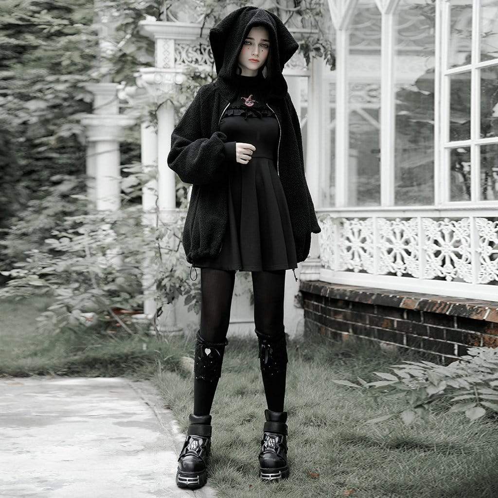 Women's Grunge Front-zip Wool-like Coats With Hood