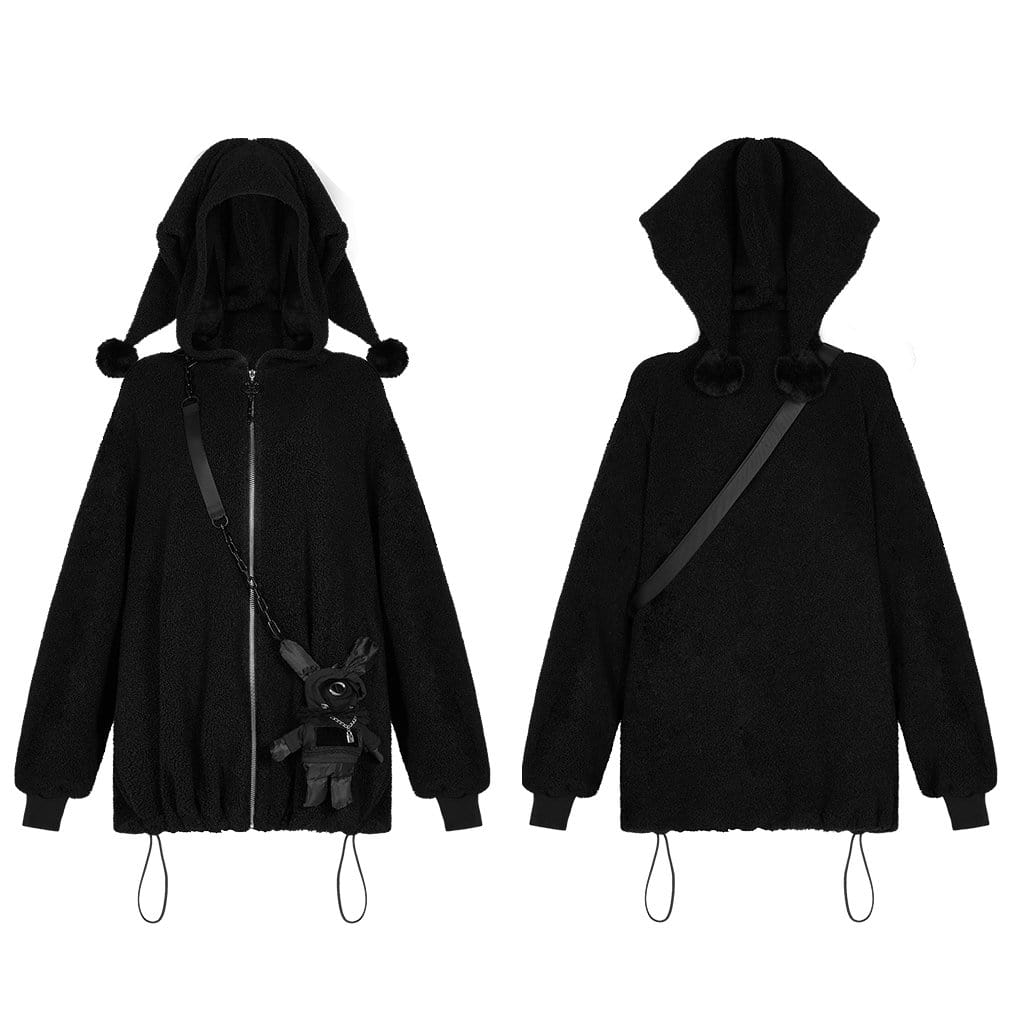 Women's Grunge Front-zip Wool-like Coats With Hood