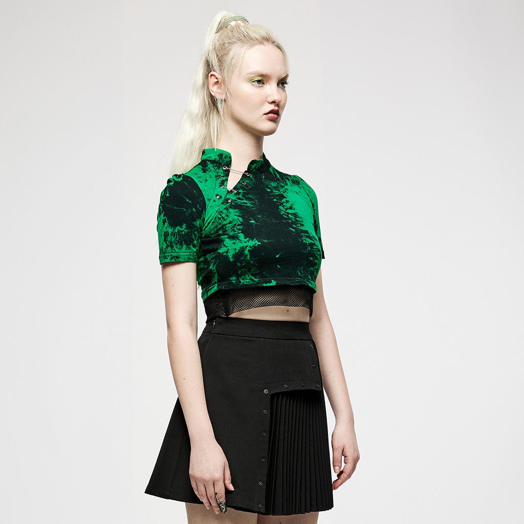 Punk Rave Women's Grunge Green Tie-dye Crop Top with Detachable Sleeves