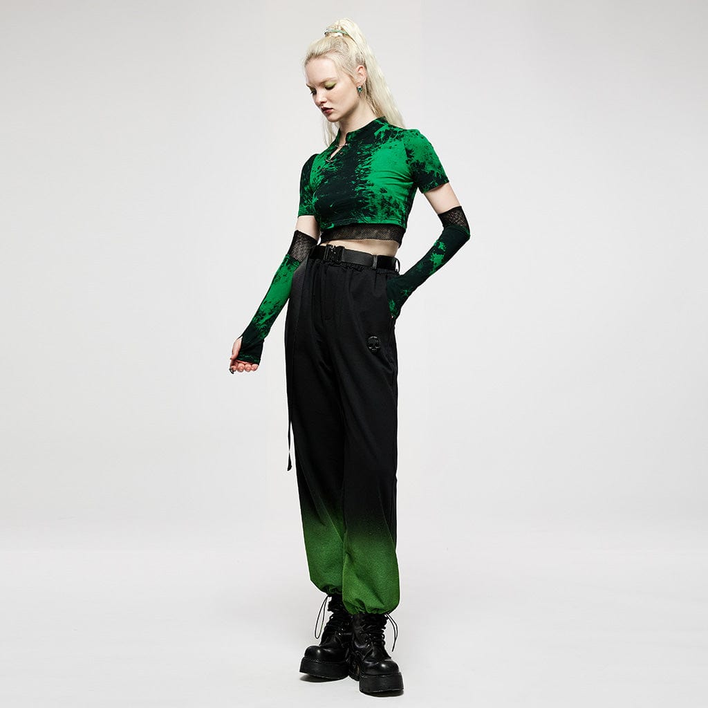 Punk Rave Women's Grunge Green Tie-dye Crop Top with Detachable Sleeves