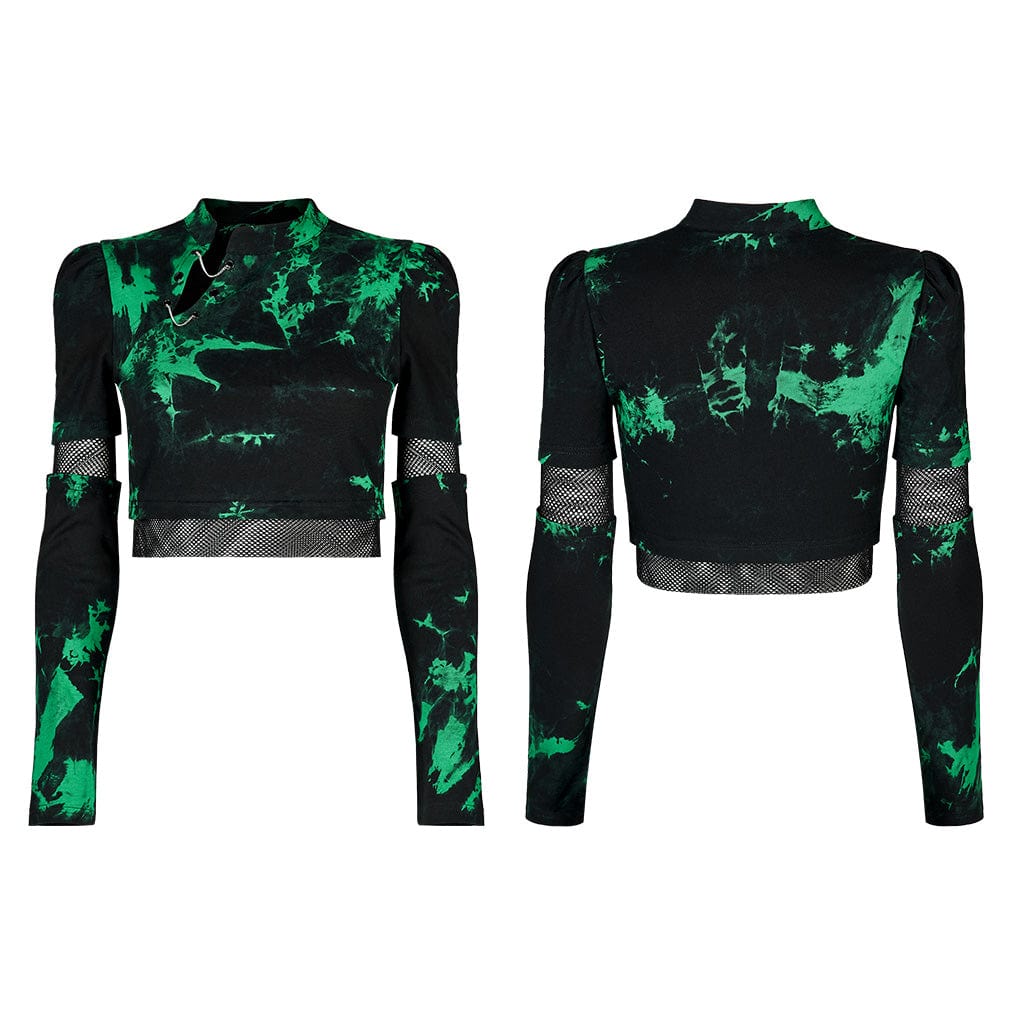 Punk Rave Women's Grunge Green Tie-dye Crop Top with Detachable Sleeves