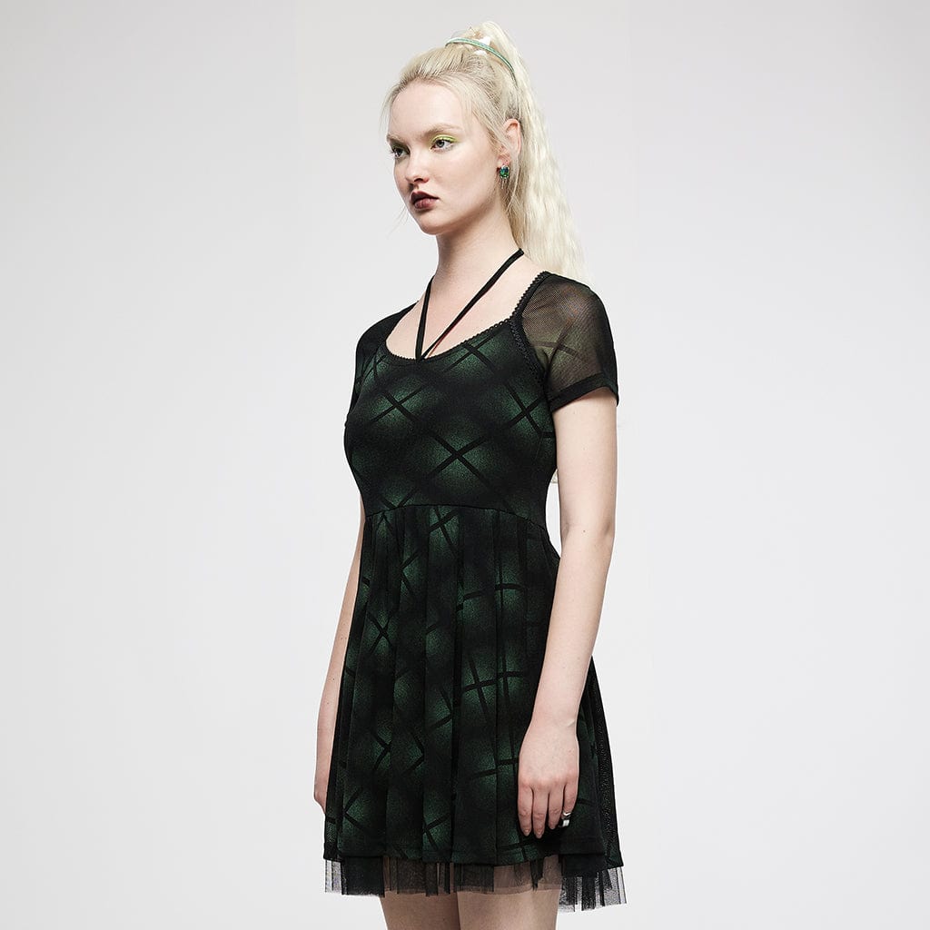 Punk Rave Women's Grunge Halterneck Green Plaid Mesh Dress