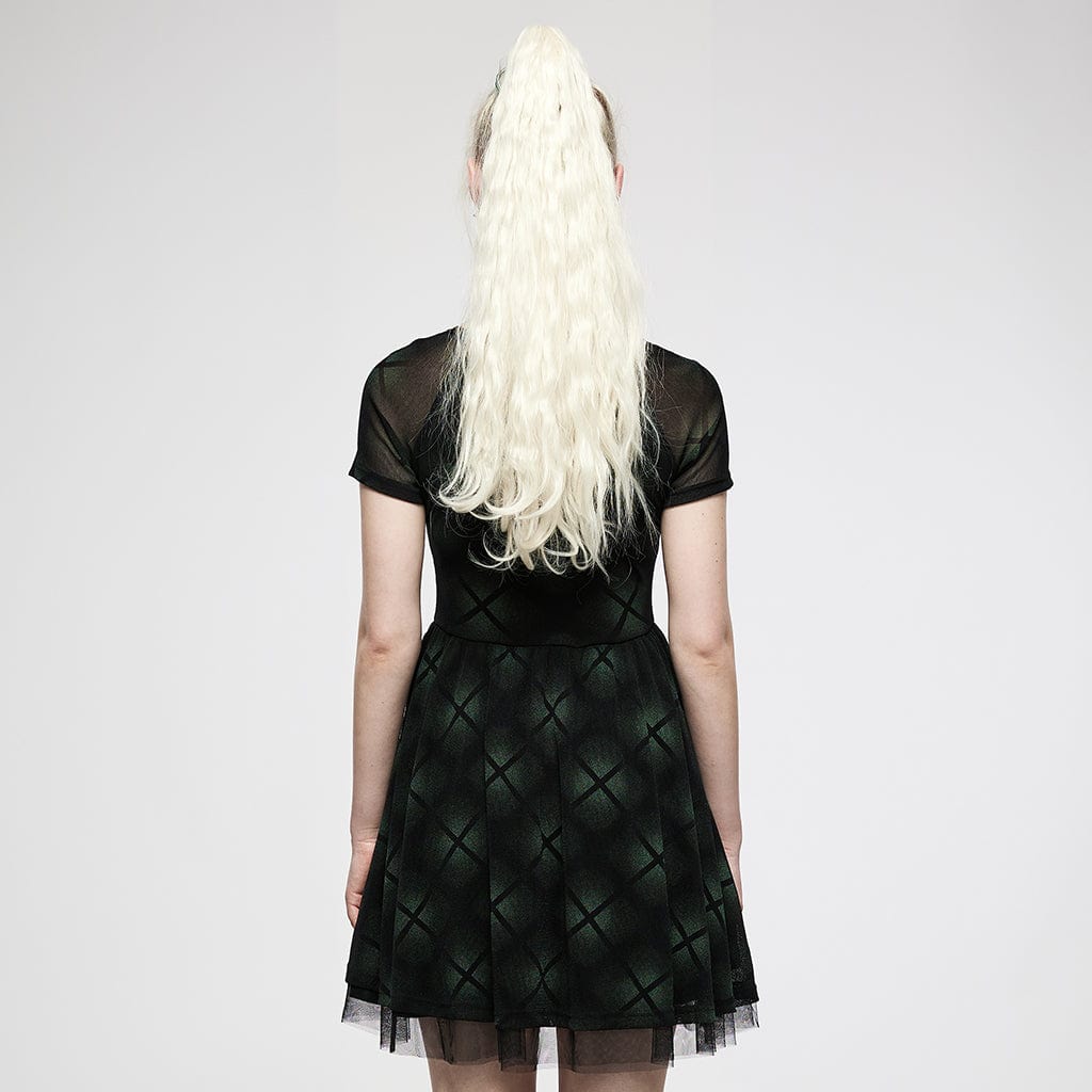 Punk Rave Women's Grunge Halterneck Green Plaid Mesh Dress