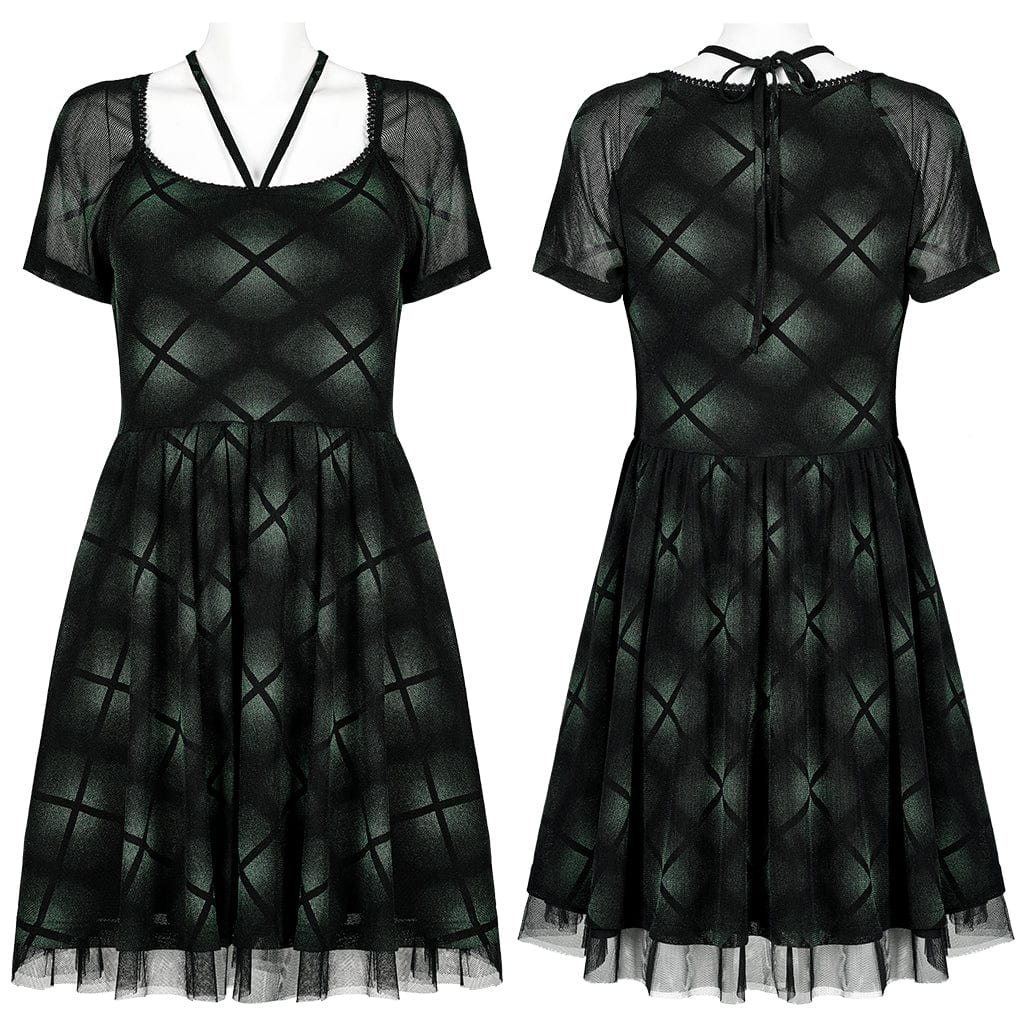 Punk Rave Women's Grunge Halterneck Green Plaid Mesh Dress