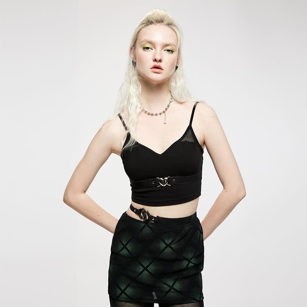 Punk Rave Women's Grunge Heart Strap Short Sleeved Crop Top