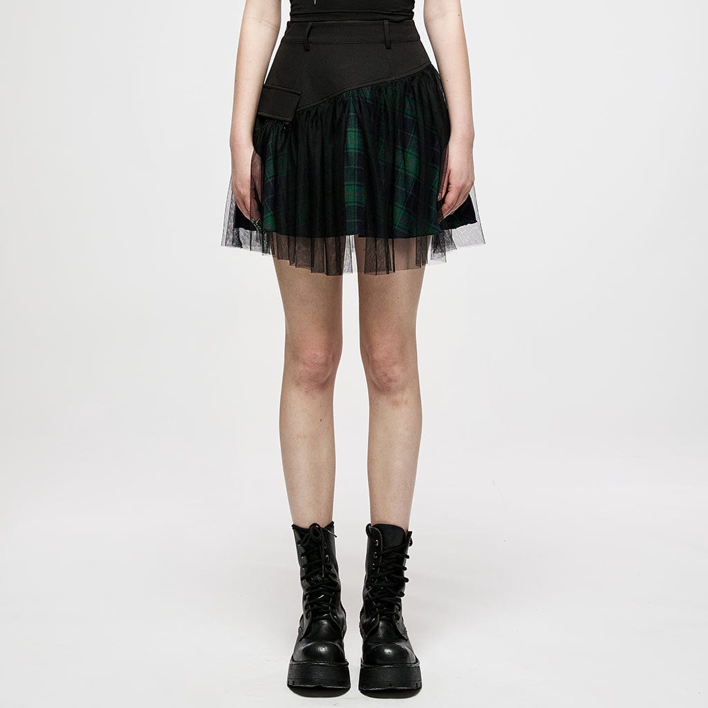 Punk Rave Women's Grunge High-waisted Mesh Green Plaid Short Skirt