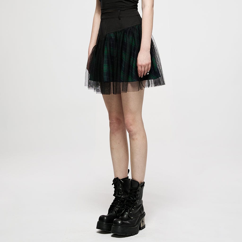 Punk Rave Women's Grunge High-waisted Mesh Green Plaid Short Skirt