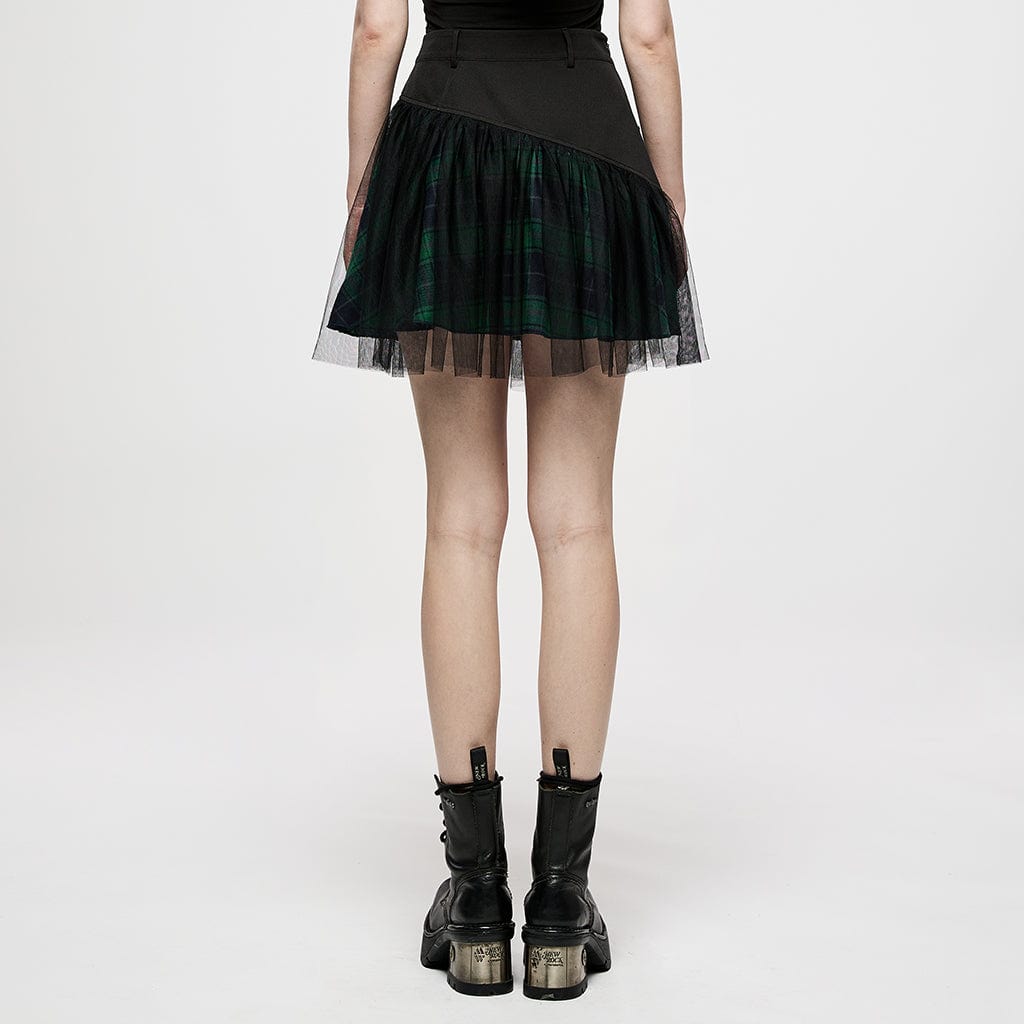 Punk Rave Women's Grunge High-waisted Mesh Green Plaid Short Skirt