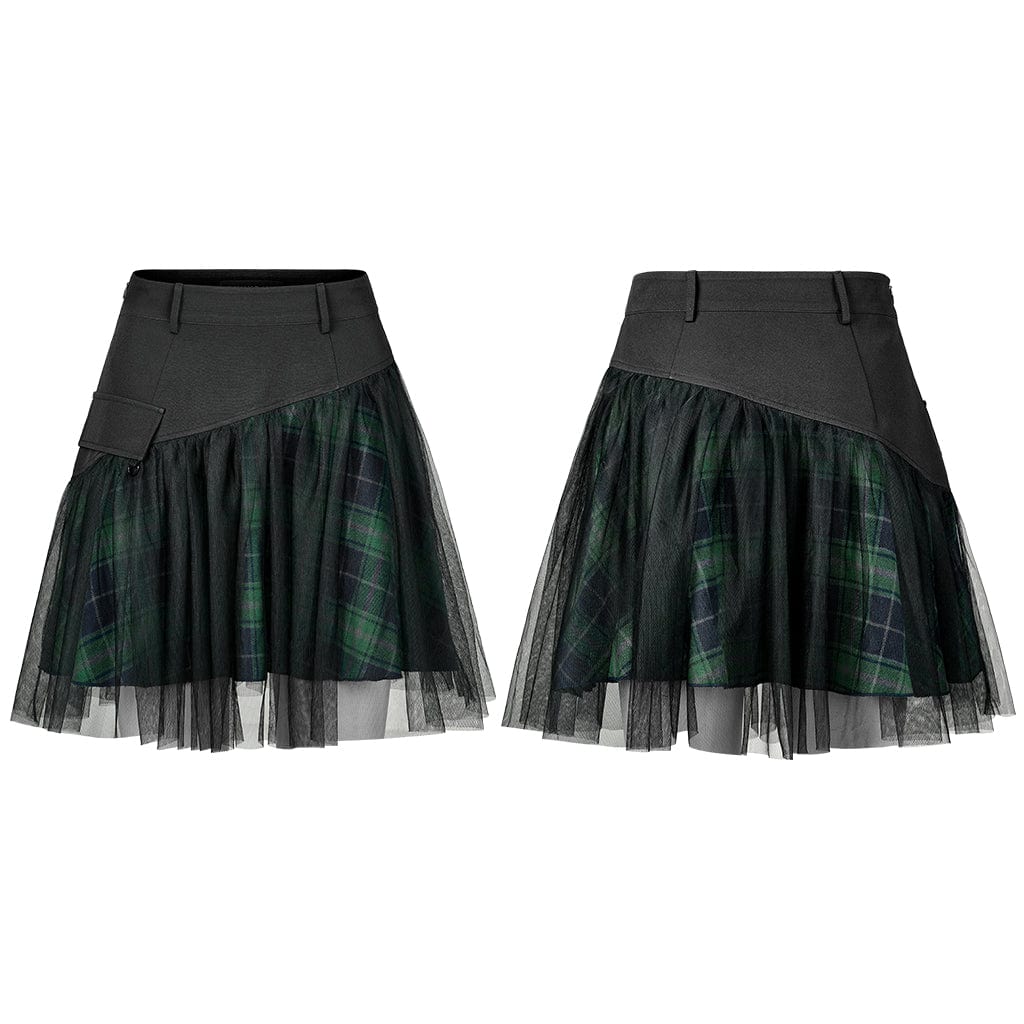 Punk Rave Women's Grunge High-waisted Mesh Green Plaid Short Skirt