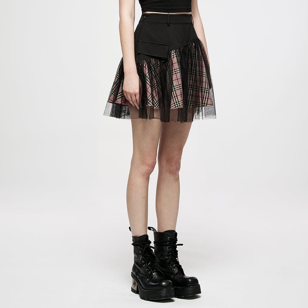 Punk Rave Women's Grunge High-waisted Mesh Red Plaid Short Skirt