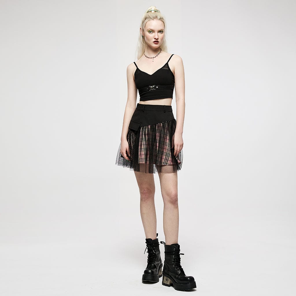 Punk Rave Women's Grunge High-waisted Mesh Red Plaid Short Skirt