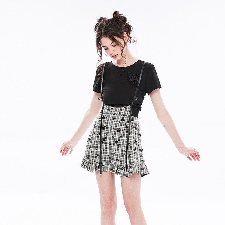 PUNK RAVE Women's Grunge High-waisted Plaid Suspender Skirt