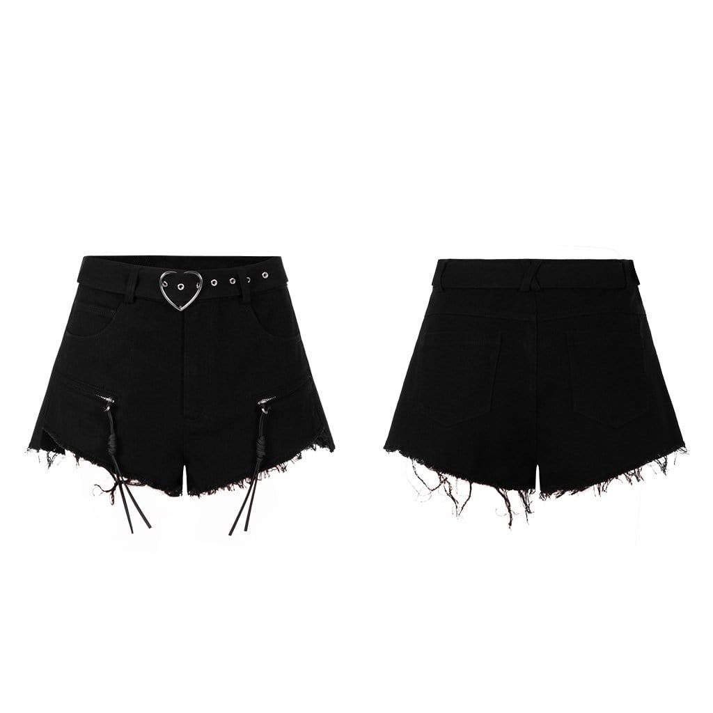 Women's Grunge High-waisted Ripped Black Denim Shorts with Love Heart Belt