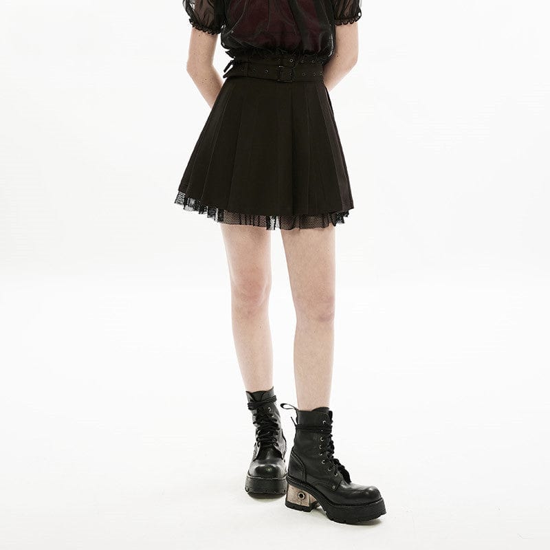 Punk Rave Women's Grunge JK Lace Hem Pleated Skirt with Belt