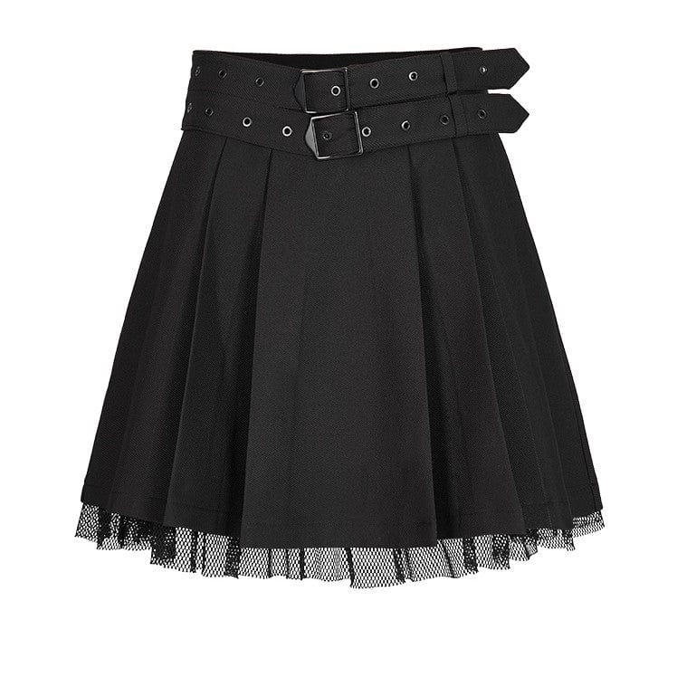 Punk Rave Women's Grunge JK Lace Hem Pleated Skirt with Belt