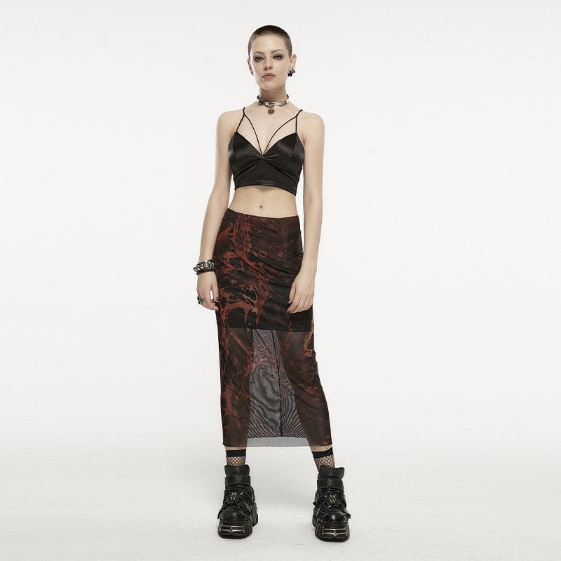 PUNK RAVE Women's Grunge Lava Printed Mesh Skirt