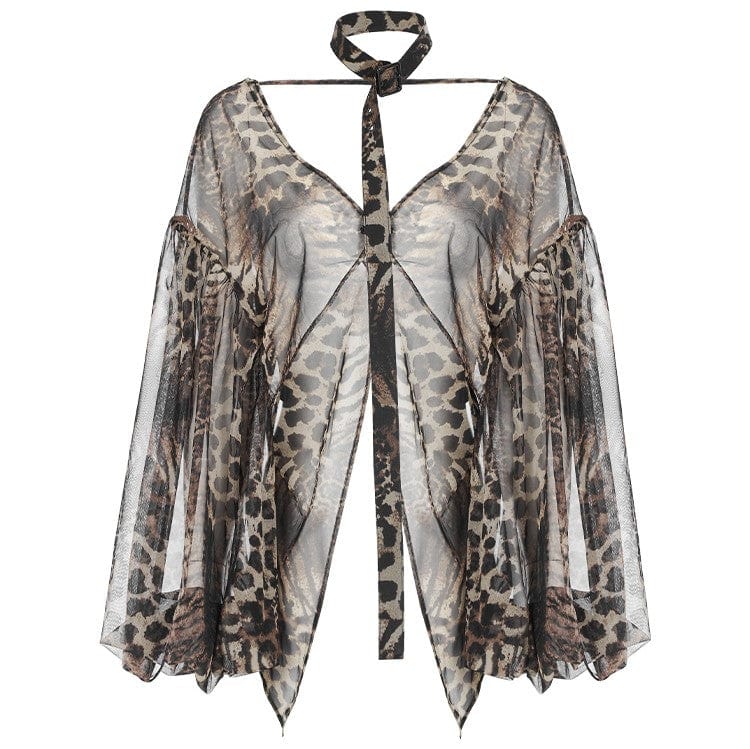 PUNK RAVE Women's Grunge Leopard Sheer Chiffon Cape with Necktie