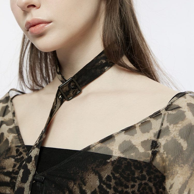 PUNK RAVE Women's Grunge Leopard Sheer Chiffon Cape with Necktie