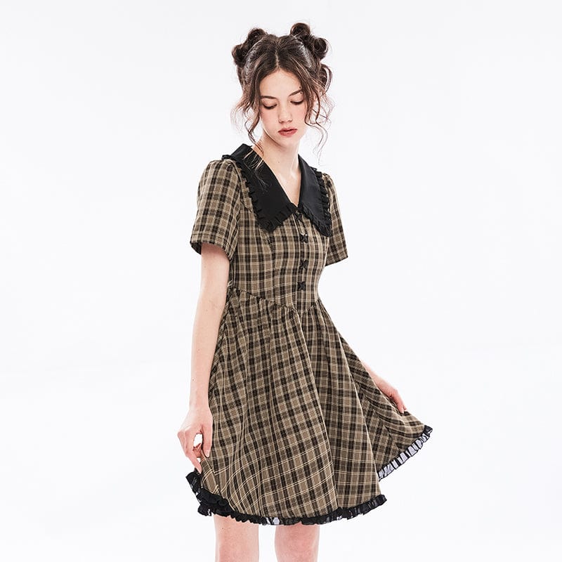 Punk Rave Women's Grunge Peter Pan Collar V-neck Plaid Dress